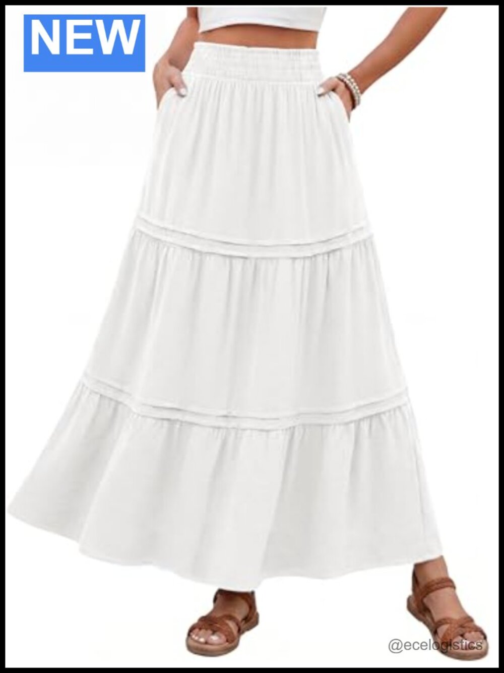 Flowy Tiered Maxi Skirt with Pockets High Waist A-Line Boho Casual